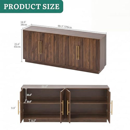 70" TV Stand for up to 80" TVs with 4 Fluted Doors, Natural Oak