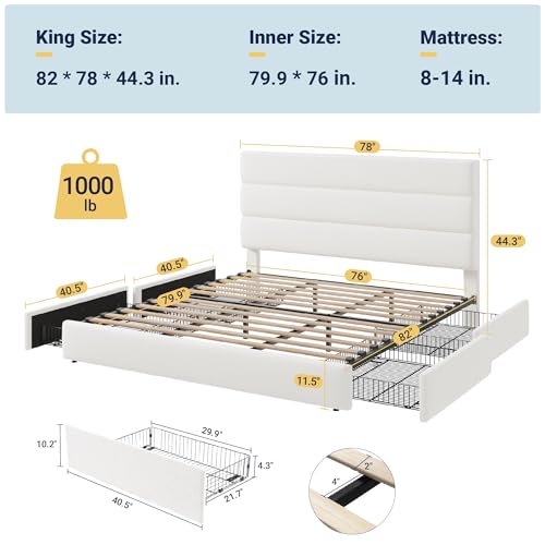 Modern King Size Platform Bed Frame with 4 Storage Drawers