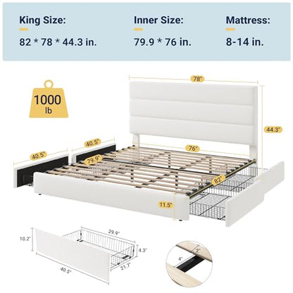 Modern King Size Platform Bed Frame with 4 Storage Drawers