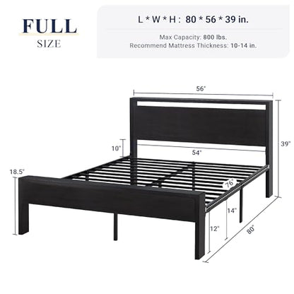 Full Size Bed Frame, Heavy Duty 12 Metal Slats Support, Black Oak