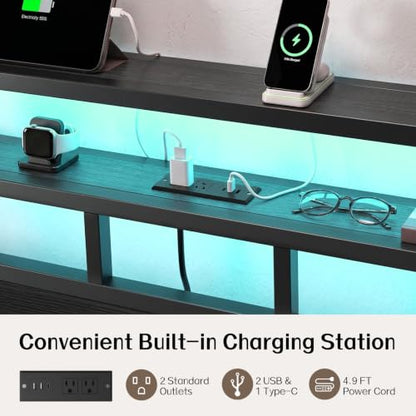 Full Size Bed Frame with Charging Station and LED