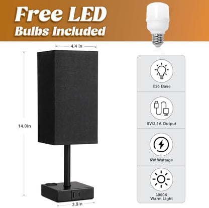 3000K Black Table Lamp for Bedroom - Dimmable Touch, USB C+A, AC Outlet