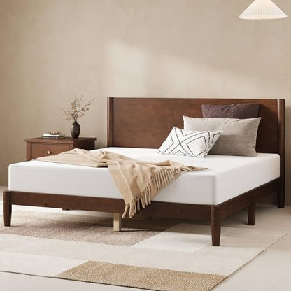 Solid Wood Queen Bed Frame, Mid Century Bed with Headboard, Walnut