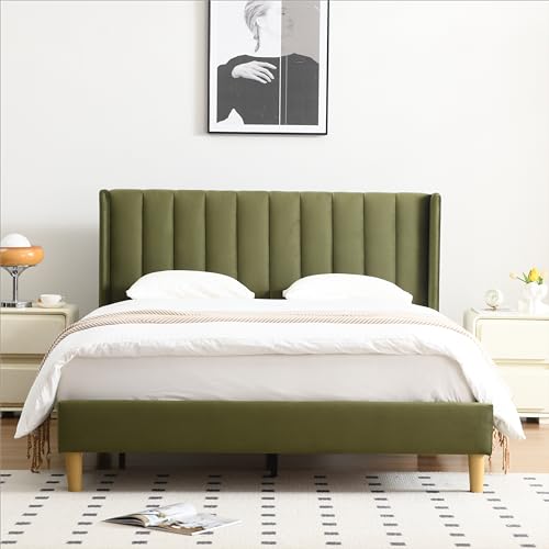 Queen Bed Frame，Platform Bed with Upholstered Headboard，GrassGreen