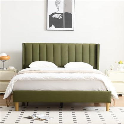 Queen Bed Frame，Platform Bed with Upholstered Headboard，GrassGreen