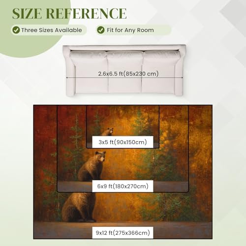 Calming Bear Forest Harmonious Warm Sunset Colors Area Rug Outdoor Patio Rug Play Mat Modern Floor Carpet Non-Slip Home Decor Living Room Kids Bedroom Nursery, 3x5 ft
