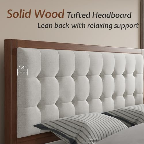 Queen Bed Frame Solid Wood,50" Tall Upholstered Headboard,Walnut