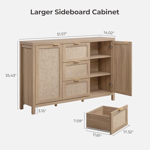 52 Inch Sideboard Buffet Cabinet with Storage, Rattan Credenza