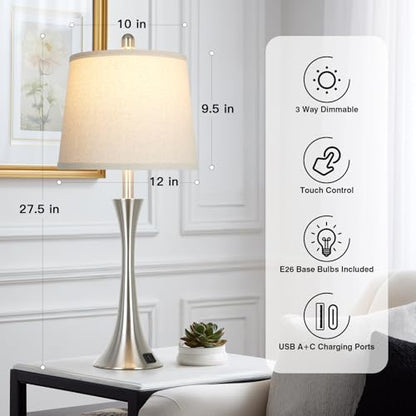 Rinweey 27.5" Silver Table Lamps, Touch Bedside Lamps with USB C+A Ports, 3 Way Dimmable Nightstand Lamps for Bedroom, Living Room, Office, Silver Lamp with Beige Lampshade, Bulbs Included (1 Pack)
