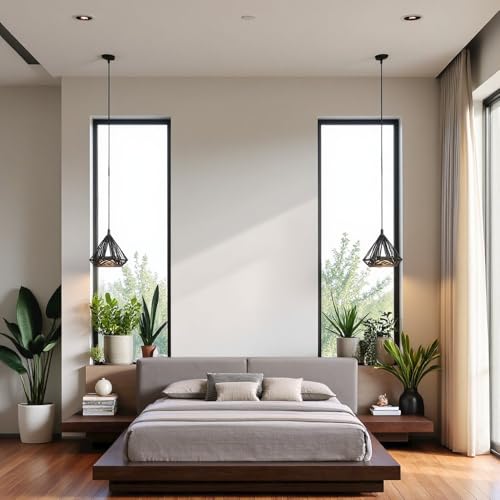 Eastern Queen Bed Frame, Solid Acacia Wood with American Walnut Finish, Low Profile King Platform Bed with Floating Nightstands and Headboard