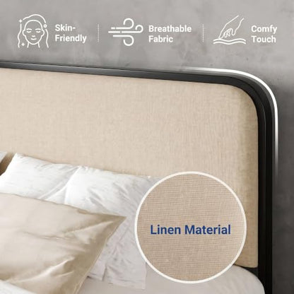 Queen Metal Bed Frame with Upholstered, Beige