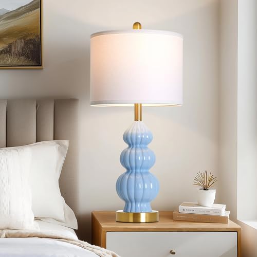 Rinweey Blue Ceramic Lamps Set of 2, 26.5" Modern Table Lamps for Living Room, Classic Bedside Lamp with Triple Gourd, Elegant Bedroom Lamp for Night Stand Desk Side End Table Home Decor