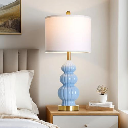 Rinweey Blue Ceramic Lamps Set of 2, 26.5" Modern Table Lamps for Living Room, Classic Bedside Lamp with Triple Gourd, Elegant Bedroom Lamp for Night Stand Desk Side End Table Home Decor