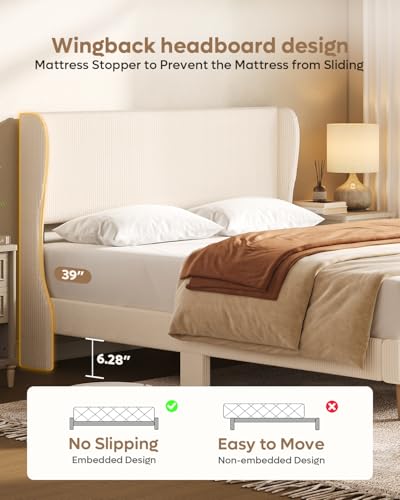 Queen Bed Frame with Wingback Headboard,Upholstered,Beige