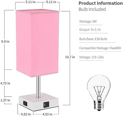 Touch Control Bedside Lamp - 3-Way Dimmable Table Lamps with USB C+A Port and Outlet, Nightstand Lamp for Bedroom Decor and Living Room,Pink