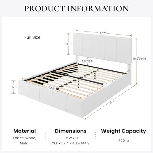 Full Size Bed Frame, Velvet Upholstered Platform Bed, Vertical Channel Tufted Adjustable Headboard, Low Profile Bed Frame, No Box Spring Needed, Easy Assembly, White