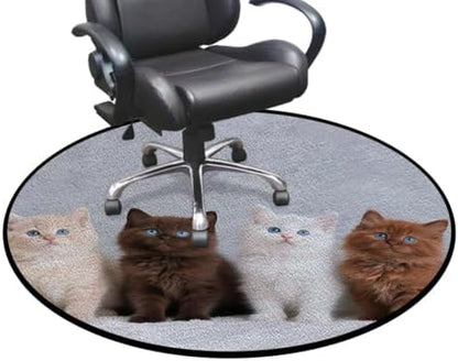 Four Kittens Blue Eyes Round Chair Mat, Portrait Cute Pet Anti-Slip Floor Protector for Gaming & Office Chairs, White Brown Diameter 59 in