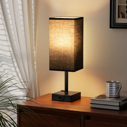 3000K Black Table Lamp for Bedroom - Dimmable Touch, USB C+A, AC Outlet