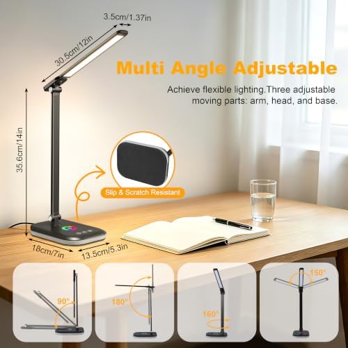 LED Desk Lamp,5 Color Modes, USB Charging Port for Home Office Dimmable Eye Caring Table Light with Timer for Work Study,Reading Lamp Touch Control with RGB,Flexible Rotation Design