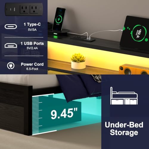 Queen Bed Frames with Storage Drawer, Platform Bed with Charging Station and LED Lights, Upholstered Headboard with 2-Tier Storage Shelves, No Box Spring Needed