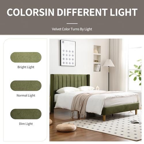 Queen Bed Frame，Platform Bed with Upholstered Headboard，GrassGreen