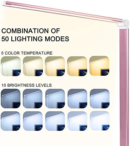 Led Desk Lamp, Desk Lamp with USB Charging Port, 5 Color Modes, 10 Brightness, Natural Light, Eye Caring Reading Lamp, Desk Light for Home Office, Table Lamp, Touch Control, Auto-Timer, Pink