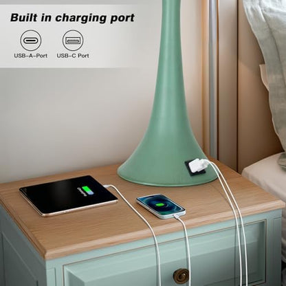 Rinweey Coastal Modern Green Table Lamps Set of 2 for Living Room, 27.5" Tall Bedside Lamp with USB Charging Port,3-Way Dimmable Touch Nightstand Lamp for Bedroom Desk Side Table Office,Green