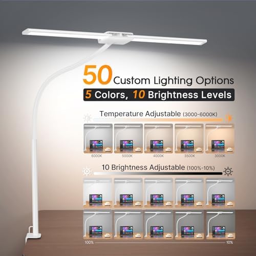 Syrinx LED Desk Lamp, Double Head Gooseneck Desk Lamps for Home Office with Gesture Switch & Wired Control, 12W Bright Modern Desk Light Eye-Caring Office Desk Lamp with Clamp for Crafting Reading