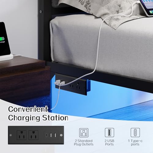 Queen Bed Frame with Headboard, Smart LED & Charging Station