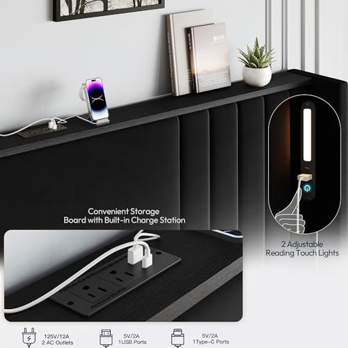 55" Tall Queen Size Platform Bed Frame with 2 Reading Lights, Black