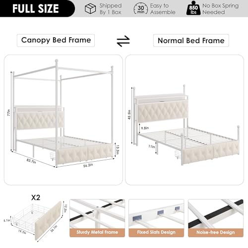 Full Size LED Canopy Bed Frame with Storage & Charging Station, Beige