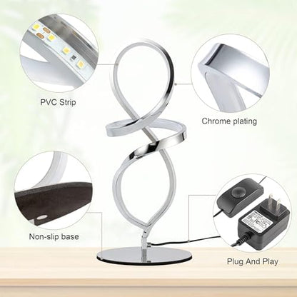 Modern Small Table Lamp with LED Spiral Design, 12W Chrome Nightstand Lamp