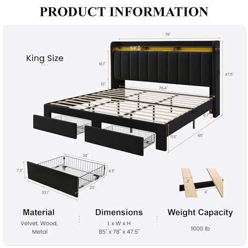 King Size Platform Bed Frame with Wingback Headboard