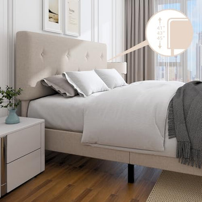 Queen Size Linen Bed Frame with Adjustable Headboard Beige