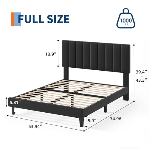 Full Size Platform Bed Frame with Upholstered Headboard, Black