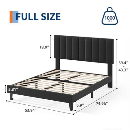 Full Size Platform Bed Frame with Upholstered Headboard, Black