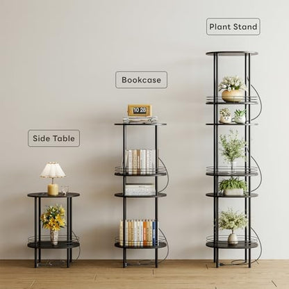 Small Oval Side Table with Charging Station, 2-Tier Black Round End Table