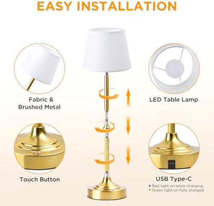 LUTEC Cordless Table Lamp, Battery Operated Lamp with 3 Color Temps and Stepless Dimming, 5200mAh Portable Rechargeable Table Lamp for Restaurant/Bedroom/Bars/Outdoor (Brushed Gold)