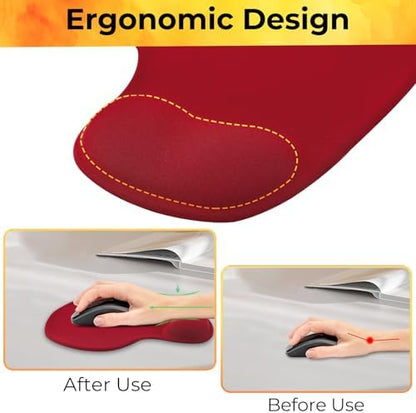 Mouse Pad with Wrist Support, 2-Pack Ergonomic Mousepad with Wrist Rest, Gaming Mouse Pad with Non-Slip PU Base, Relieve Pain Relief, for Home Office Computer Laptop, Red