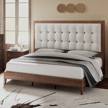 Queen Bed Frame Solid Wood,50" Tall Upholstered Headboard,Walnut