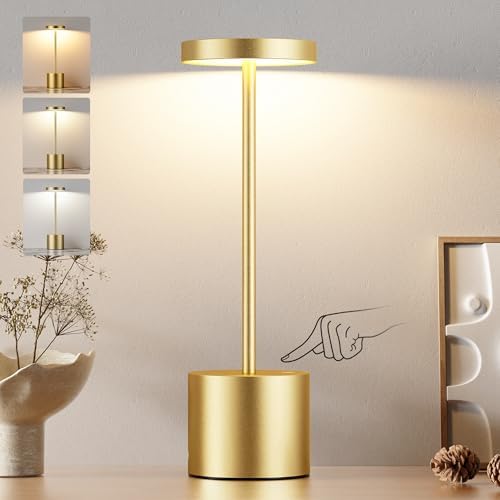 Kakanuo Cordless Lamp, Rechargeable Lamp, Touch Control, 3 Color Temperature, LED Outdoor Wireless, Battery Operated Lamps, Stepless Dimmable, Gold