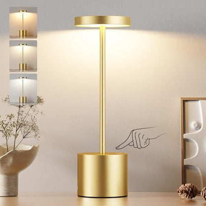 Kakanuo Cordless Lamp, Rechargeable Lamp, Touch Control, 3 Color Temperature, LED Outdoor Wireless, Battery Operated Lamps, Stepless Dimmable, Gold