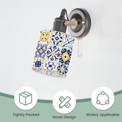 3 Pack Cylinder Glass Lamp Shade Set 16 tiles Azulejos blue gray yellow Original traditional Portuguese Covers with 1-5/8" Fitter Opening Light Fixture Replacement for Table Lamp Bathroom Vanity Light