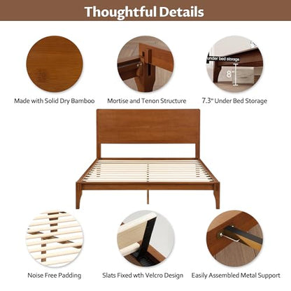 Queen Bamboo Platform Bed Frame with Tall Headboard, Warm Brown