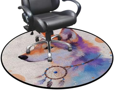 Wolf Watercolor Art Round Gaming Chair Mat for Hardwood Floors, Decorative Animal Illustration Anti-Slip Office & Desk Chair Protector for Rolling Chairs, Multicolor Diameter 51 in