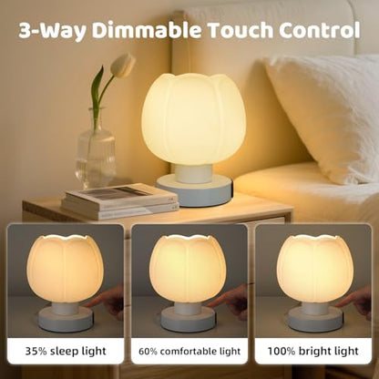 Touch Bedside Lamp wtih USB C+A Charging Ports,Tulip Flower Lamp