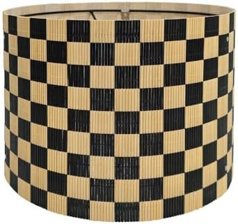 Modern Lamp Shade with Colorful and Natural Checkered Pattern Bamboo Made, Translucent Drum Shape, 11.8 Inch for Table and Floor Lamps, Ideal for livingroom bedroom (Black)
