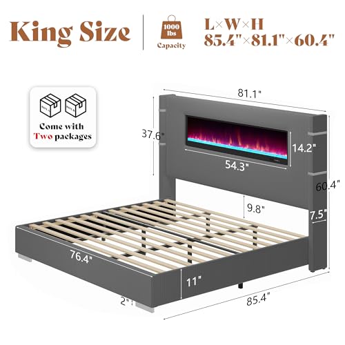 King Bed Frame with Fireplace, Upholstered Headboard, Dark Gray