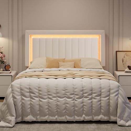 Full Size Velvet Bed Frame with LED Light, White
