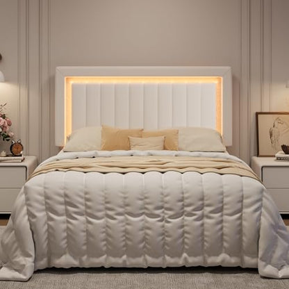 Full Size Velvet Bed Frame with LED Light, White